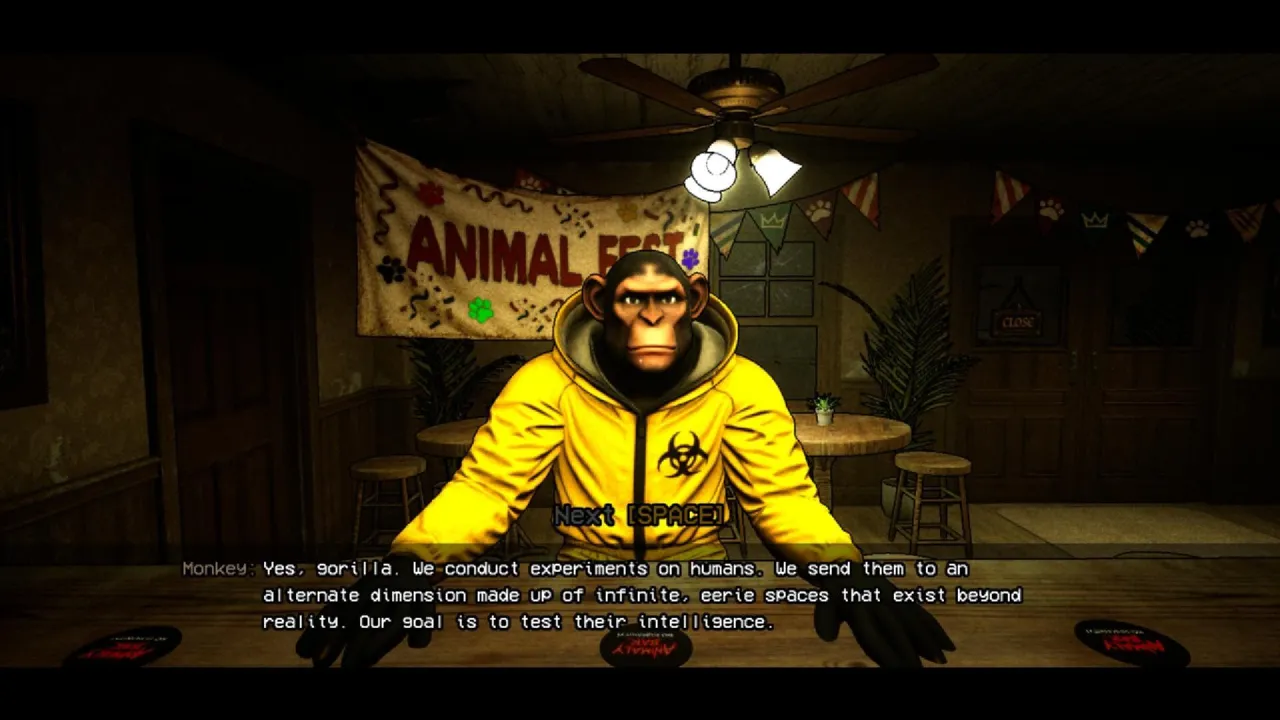 A monkey in a yellow hazmat suit at the bar with an Animal Fest banner and bunting behind it