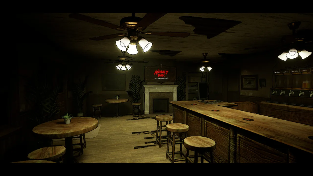 The empty bar before opening, with round tables, bar stools and the counter