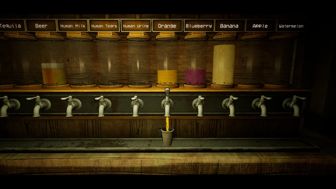 The row of drink taps behind the bar, labeled from Tequila and Beer to Human Tears and Watermelon, with a cup filling with orange, and black bands above and below the picture