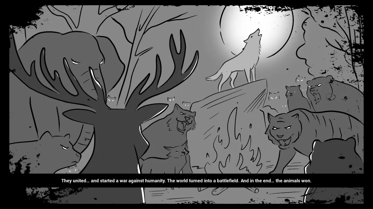 Black and white comic panel of deer, wolves and other animals, with the line that they started a war against humanity and the animals won