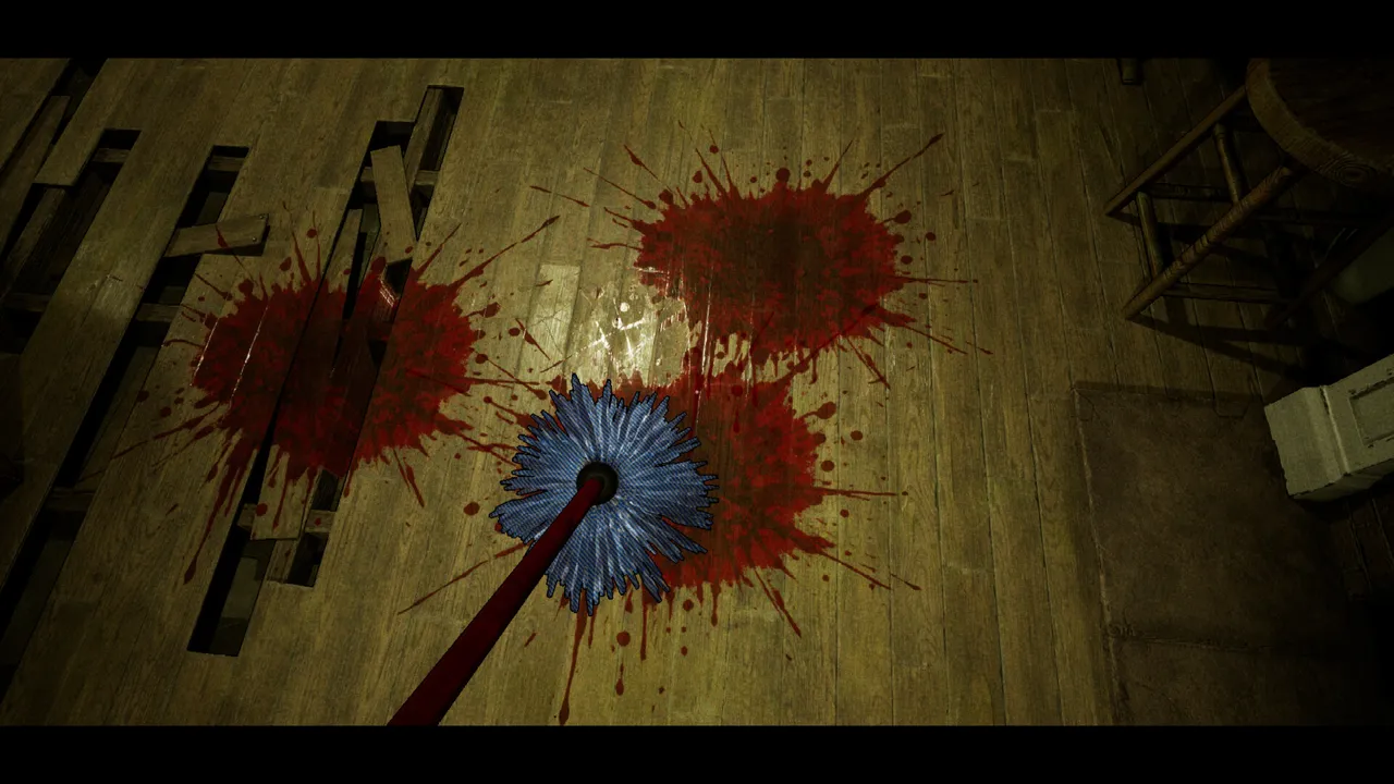 A first-person view of a mop on a wooden bar floor covered in red splatters