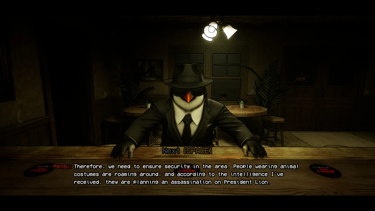A penguin in a suit and hat at the bar counter, with a subtitle about people in animal costumes planning to assassinate President Lion